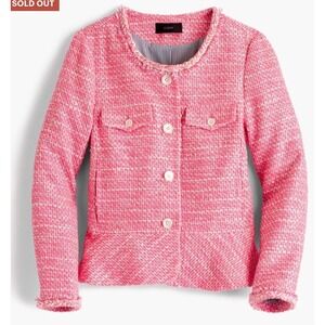 J.Crew Tweed Jacket Women 4‎ Pink Peplum Fringe Trim